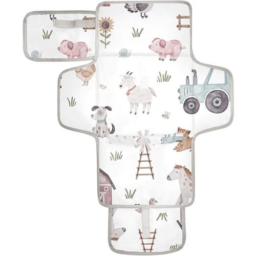 Farm House Animals Baby Changing Pad - Waterproof Diaper Changing Pad with Built-in Pillow - Portable Travel Changing Mat for Newborn Girl & Boy