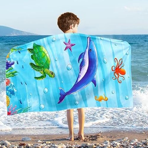 WERNNSAI Kids Beach Towel for Boys - 30” x 60” Ocean Sand Free Swim Towels for Boys Bath Pool Camping Travel Towel Quick Dry Ultra Absorbent Super Soft Beach Blanket Bath Shower Towel