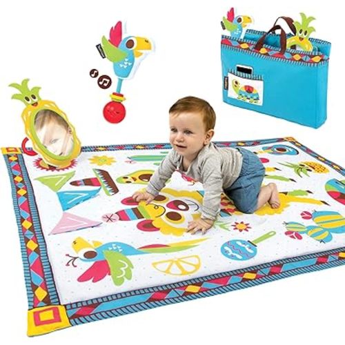 Yookidoo Baby Gym and Play Mat - 3 Stage Accessory Gym with Motorized Robot Track - 20 Development Activities - Age 0-12 Months (Fiesta Playmat)