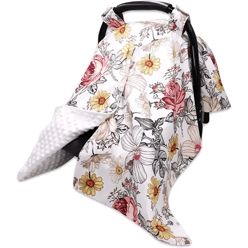 Floral Baby Car Seat Canopy Soft Plush Dotted Backing Baby Car Seat Cover Girls, Infant Carseat Canopy, Stretchy Multi- use Nursing Cover for Stroller/High Chair/Shopping Cart/Car Seat Canopies