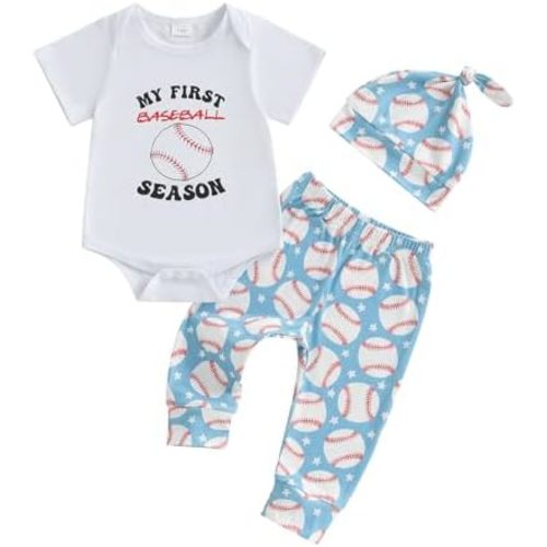 My First Baseball Season Baby Boy Outfit Newborn Letter Print Short Sleeve Romper Baseball Pants Hat 3Pcs Outfits Set