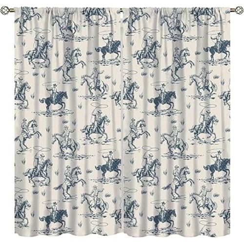 Vintage West Cowboy Curtains Wild West Cowboy Ride Horse and Desert Cactus Pattern Curtains with Rod Pocket for Bedroom Living Room Kitchen Window Drapes Set 2 Panels,52x84 Inches