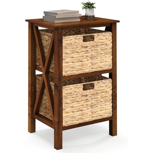 Giantex 2-Tier Nightstand with 2 Wicker Baskets, Wooden X-Design Side Table End Table, Beside Table with Acacia Wood Legs, Mid Century Accent Storage Cabinet for Small Spaces, Bedroom, Walnut