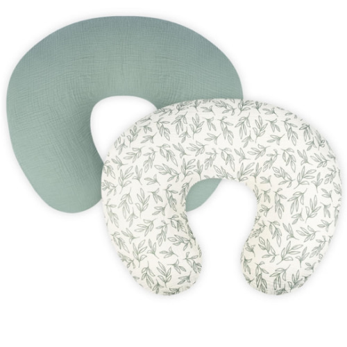 Nursing Pillow Cover - 2-Pack Muslin Cotton Removable Covers for Breastfeeding Pillows, Ultra-Soft Baby Feeding Pillowcase for Boy & Girl, Fits 22.5"x18" Pillows (Green Leaf & Sage Green)