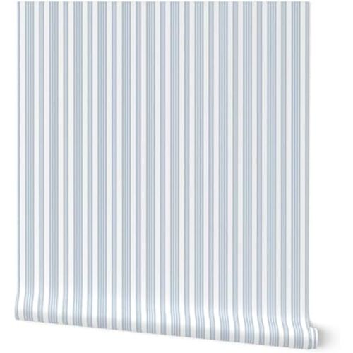 Peel & Stick Wallpaper 3ft x 2ft - French White Stripe Pinstripe Blue Nursery Custom Removable Wallpaper by Spoonflower