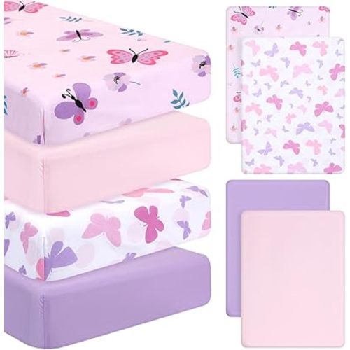 Mixweer 4 Pack Butterfly Baby Crib Sheet Set for Girls Standard Size Crib Toddler Mattresses Soft Breathable Sheets for Baby Gifts Home Nursery Toddler, Pink Purple