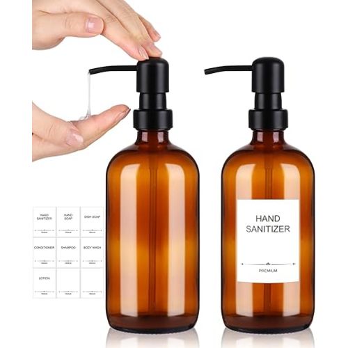 Alotpower Hand Soap Dispenser 16oz 2pack, Amber Glass Soap Dispenser with Black Pump for Liquid Lotion, Round Glass Soap Dispenser with Pump for Bathroom & Kitchen(16fl.oz Set of 2)