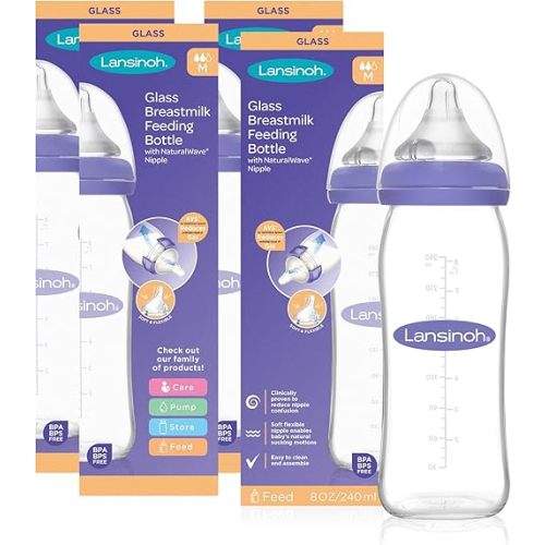 Lansinoh Glass Baby Bottles for Breastfeeding Babies, 8 Ounces, 4 Pack, Includes 4 Medium Flow Nipples (Size 3M)