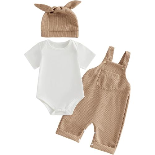 Newborn Baby Boy Clothes Summer Outfit Solid Color Short Sleeve Romper Waffle Suspender Shorts Overall Set 3Pcs