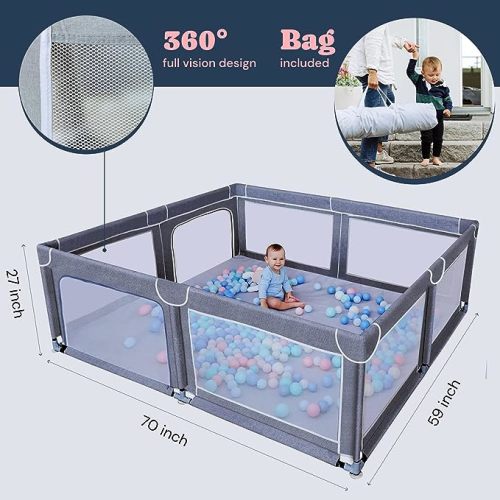 TODALE Baby Playpen 70”×59”- Baby Play Yard with Tear-Resistant Material, Anti-Slip Suckers, Breathable Mesh, Gate - Kids Big Play Pens for Babies and Toddlers, for Sleep & Activity, Baby Fence, Grey - 70x59 Inch (Pack of 1) - Gray