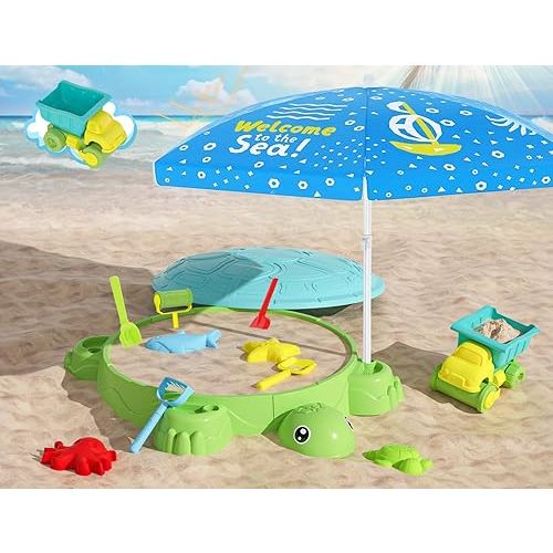 Upgraded Kids Turtle Sandbox with Lid & Adjustable Umbrella, Truck Toy & 8pcs Sand Shovels, Sand Box with Cover, Beach Toys for Toddlers 3-5, Plastic Indoor Outdoor Play Toys Gift for Girls Boys
