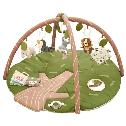 Baby Play Gym and Activity Mat for Newborn 0-6-12 Months | Extra Large Tummy Time Mat with 8 Removable Sensory Toys | Infant Play Mat for Boys & Girls | Jungle Safari Nursery Decor – 35" x 37"
