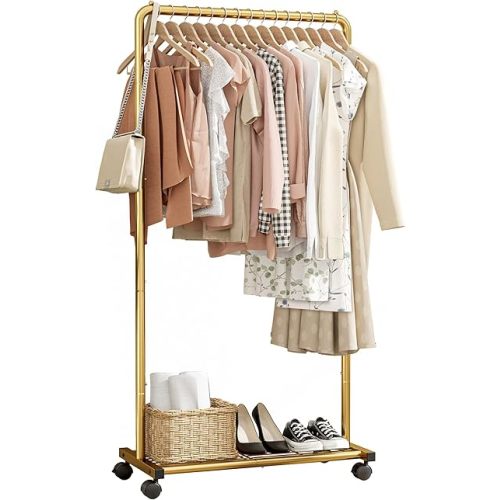 Clothes Rack - Clothing Rack with Storage Mesh Shelf & Casters, Heavy-Duty Metal Clothing Rack for Hanging Clothes, Dresses, Coats, Large Load Capacity, Easy Assembly, Gold, 28.0"x14.0"x59.0"