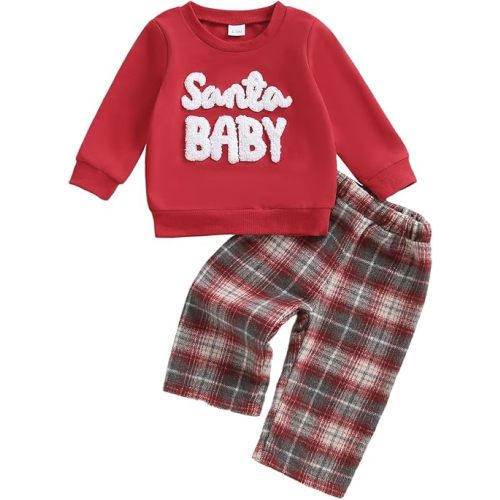 My First Christmas Boy Girl Outfit Long Sleeve Santa Baby Sweatshirt Tops Flannel Plaid Pants Set Xmas Winter Clothes 0-3T