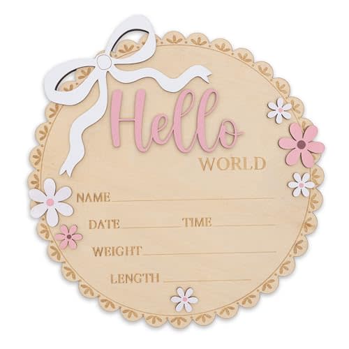 Hello World Wooden Baby Birth Announcement Sign, Pink Floral Newborn Name Date Time Weight Length Board, Baby Girl Nursery Decor Photo Prop Keepsake (Light Pink + White)