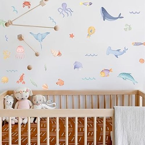Ocean Animals Wall Decal - Sea World Animals Decals,Nursery Undersea Wallsticker,Nautical Nursery Decor, Whale Turtle Octopus Coral Sea Horse,Peel and Stick (SEA Deco)