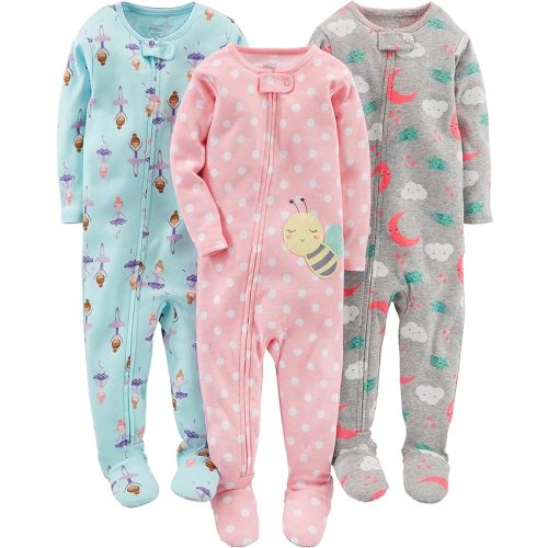 Simple Joys by Carter's Girls' 3-Pack Snug Fit Footed Cotton Pajamas - 12 Months - Ballerina/Bees/Moon