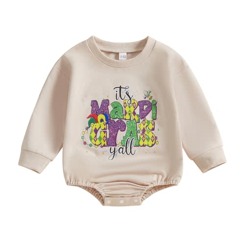 Muspeczenith Infant Baby Girl Boy Mardi Gras Outfit Letter Embroidered Long Sleeve Bubble Romper Sweatshirt Fall Clothes