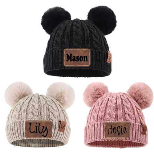 Personalized Baby Beanie with Double Poms – Custom Engraved Leather Patch - Custom Baby Kids Child Baby Newborn Beanie