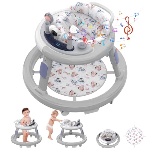 Baby Walker Foldable, Baby Walker with Wheels, Infant Toddler Walker with Foot Pads, Anti-Fall Baby Walkers and Activity Center for Boys Girls Babies 6-24 Months with Music Adjustable Heights (Grey)