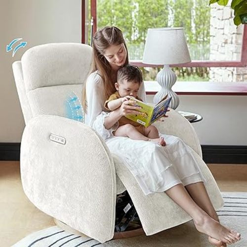 Nursery Rocking Glider Chair with Adjustable Waist Support & Headrest, Power Nursery Recliner, Nursing Chair for Breastfeeding, Electric Swivel Rocker Recliner with USB Port, FSC Certified - White