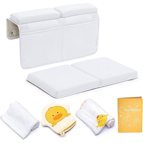Bath Kneeler and Elbow Rest Pad, Extra Thick Baby Bath Kneeling Pad and Elbow Pad for Bathtub. Bath Tub Elbow Pad with Infant Toy and Baby Accessories Organizer, Off White Color