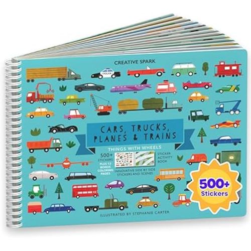 CUPKIN Sticker Book for Kids 2-4, 500+ Kids Stickers, Cars, Trucks, Planes & Trains 12 Coloring Pages 12 Side by Side Scenes, Fun Toddler Travel Activity Coloring and Sticker Books for Ages 4-8 + 8-10