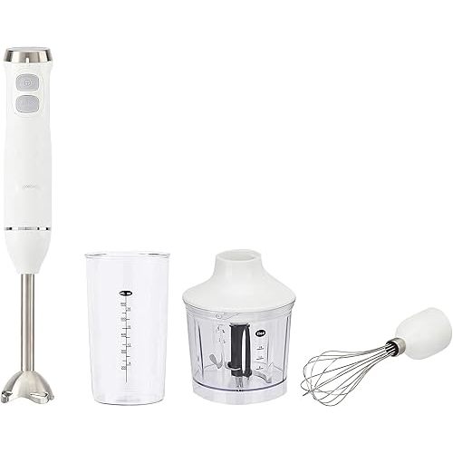 Amazon Basics 300W 4-In-1 Immersion Blender Handheld, Emulsion Blender With Blending Stick, Whisk, Chopper and Beaker, Continuous Speed Control And Turbo Mode, 5-ft Power Cord, White