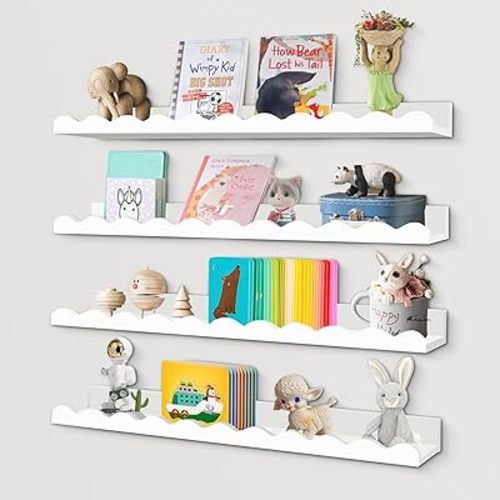 White Nursery Shelves for Wall, Wood Scalloped Shelves Floating Book Shelves Wall Shelf Nursery Decor for Kids Baby Room, Home Decor, Kitchen Spice Storage (23.4 inch)