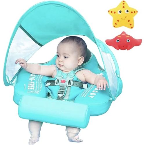 Mambobaby Float with Canopy Newest Size Improved Non Inflatable Infant Baby Pool Float Smart Mambo Float Swim Trainer Add Tail Baby Swim Float Mambo Baby Float Solid Air Free Water Waist Swimming Ring