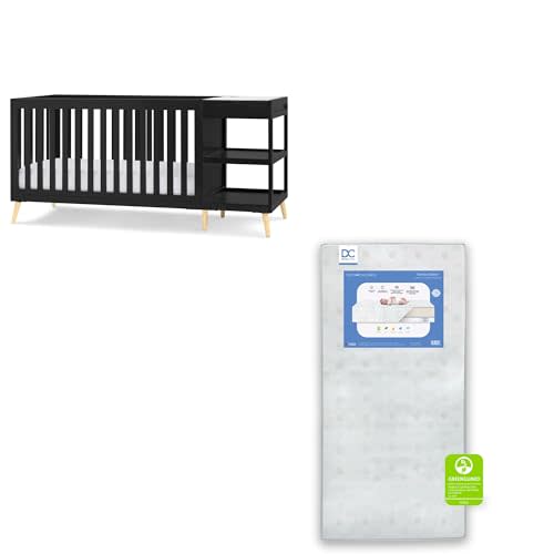 Delta Children Essex 4-in-1 Convertible Crib and Changer, Black Ebony w/Natural Knobs Twinkle Galaxy Dual Sided Recycled Fiber Core Crib and Toddler Mattress (Bundle)