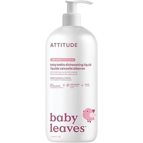 ATTITUDE Baby Bottle & Dish Soap, EWG Verified Bottle Cleaner, Fragrance Free & Dye Free, Removes Milk Residue & Grease, Vegan, Unscented, 33.8 Fl Oz