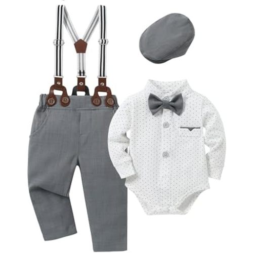 Baby Boy Clothes Suits 0-24M Infant Gentleman Outfit Long Sleeve Dress Shirt+Suspender Pants+Bowtie+Beret Wedding Set