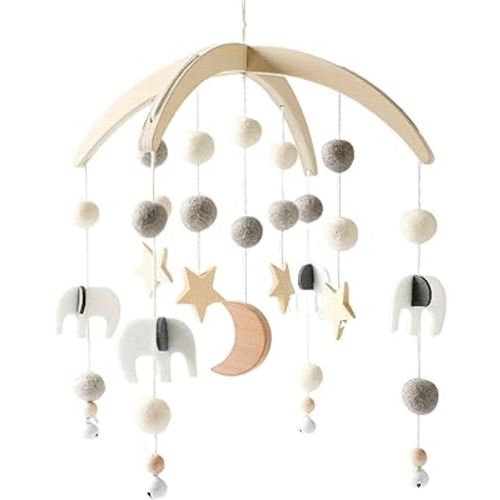 Mobile Baby Wood with Felt Balls, Baby Mobile Wind Chime, Bed Bell Pendant for Baby Crib, Nursery Decoration, Gift for Baby Girl and Boy (Grey) Bed Bells 3