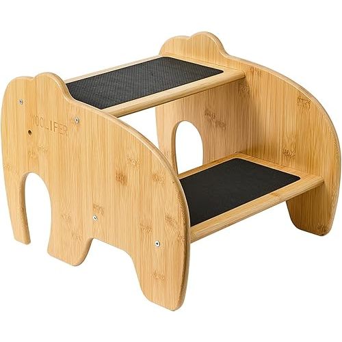 Step Stools for Kids, Natural Wooden Cute Elephant Shape Non-Slip Stepping Stool, Small Step Stools for Toddlers & Kids Use in Bathroom, Kitchen, Toilet (Dual Height)