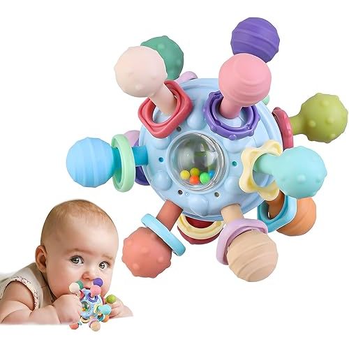 Baby Teething Toys, Baby Teether Montessori Sensory Toys for 0-6 6-12 Months, Baby Boy Girl Gifts for Infant Newborn Toddler 0 3 6 9 12 18 Months, Easter Basket Stuffers Gifts Baby Rattle Chew- Blue