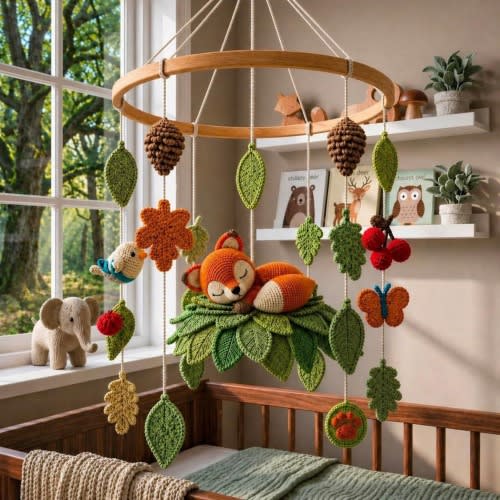 Handmade Crochet Fox Crib Mobile: Forest Animals Nursery Decor, Woodland Baby Mobile