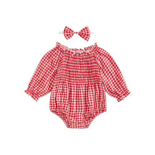 Hirigin Newborn Infant Baby Girl Cotton Linen Plaid Romper 0 3 6 12 18 Months Off Shoulder Long Sleeve Smocked Bodysuit with Headband