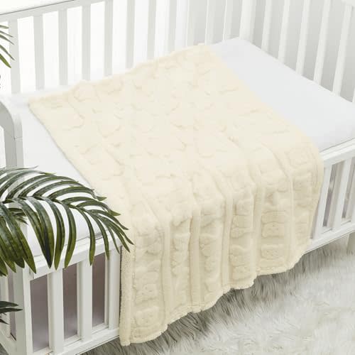 CREVENT 30"X40" Cozy Soft Warm Sherpa Baby Blanket for Girls Boys, Newborn Essentials for Infant, Baby Shower Receiving Gift - Ivory Bear 75X100cm + Gift Bag with Ribbon