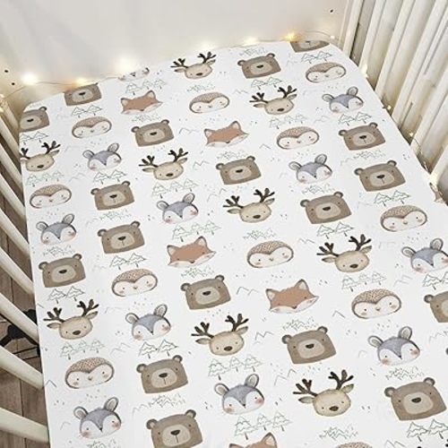 Baby Animals Crib Sheets for Boy Girl 52x28Inch Bear Deer Bunny Trees Mountain Soft Snug Fitted Crib Mattress Covers Spring Animals Baby Sheet for Standard Crib & Toddler Mattress