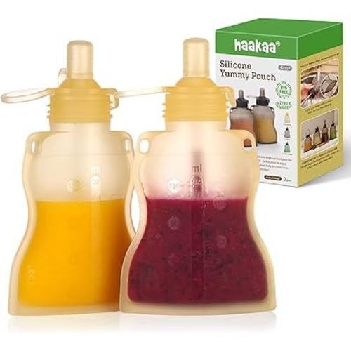 haakaa Silicone Refillable Squeezy Baby Food Yummy Pouch Homemade Organic Food for Babies/Toddlers/Kids, 2 Pack 4 oz, Banana,6 m+