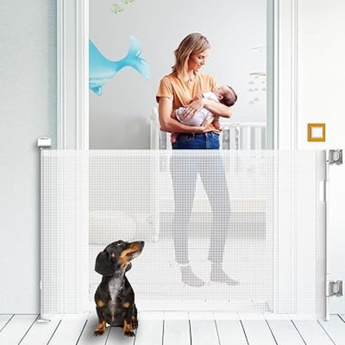 Upgraded Retractable Baby Gate for Stairs, 34"Tall Expands 55"Wide Ideal Safety Solution Dog Gate for Stairs Doorways Hallways Indoor Outdoor Mesh Baby Gate Retractable Screen Door(White,86CMx140CM)