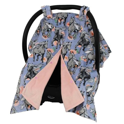 Dear Baby Gear Car Seat Cover for Boys & Girls - Baby Carseat Canopy w/Snap Opening - Infant Seat Cover - Stroller & Nursing Covers - Newborn Carrier Canopy - 40x30(Gray Horses Lavender Pink Floral)