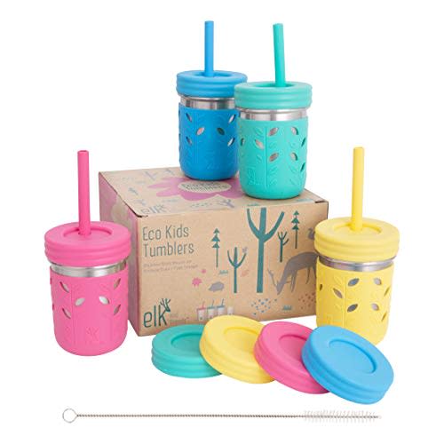 Elk and Friends Stainless Steel Cups | 10 oz Mason Jar design | Kids & Toddler Cups with Silicone Sleeves & Straws with Stopper | Smoothie Cups