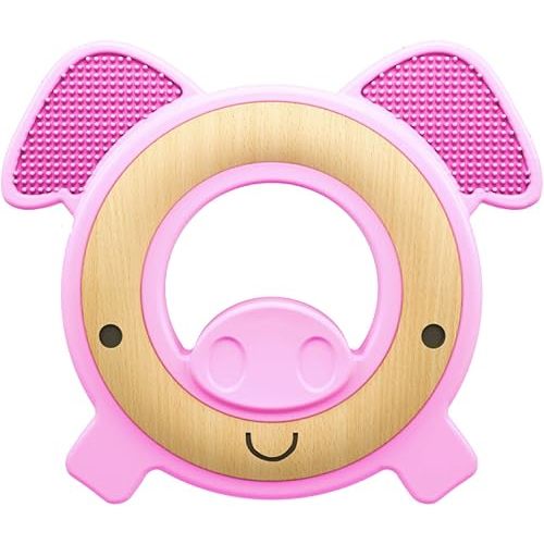 Nuby Natural Wood & Silicone Teether: Pig, 3M+, Pink