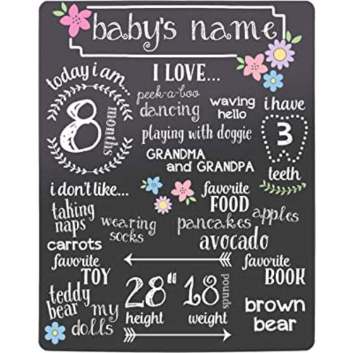 Kate & Milo Flowers Baby Milestone Chalkboard, Baby Girl Photo Prop, All About Me Reusable Milestone Board, Black