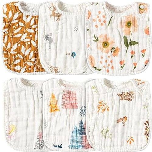 Zainpe 6Pcs Muslin Cotton Bibs for Baby Flower Bunny Deer Adjustable Machine Washable Neutral Burp Cloths with 6 Absorbent Soft Layers for Unisex Infant Newborn Toddler Drooling Feeding Teething