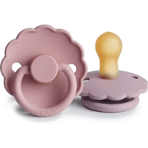 FRIGG Daisy Natural Rubber Baby Pacifier | Made in Denmark | BPA-Free (Baby Pink/Soft Lilac, 0-6 Months) 2-Pack