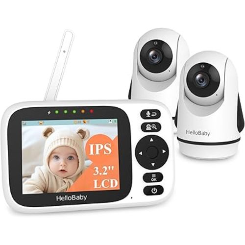 HelloBaby Baby Monitor 2 Cameras,Video Baby Monitor No WiFi with 3.2'' IPS Screen, Remote Pan-Tilt-Zoom Baby Camera Monitor,Plug&Play,Night Vision,1000ft Range,2-Way Talk, Temperature Display,ECO Mode