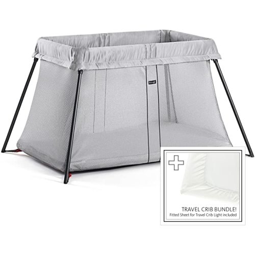 BABYBJORN Travel Crib Light - Silver + Fitted Sheet Bundle Pack